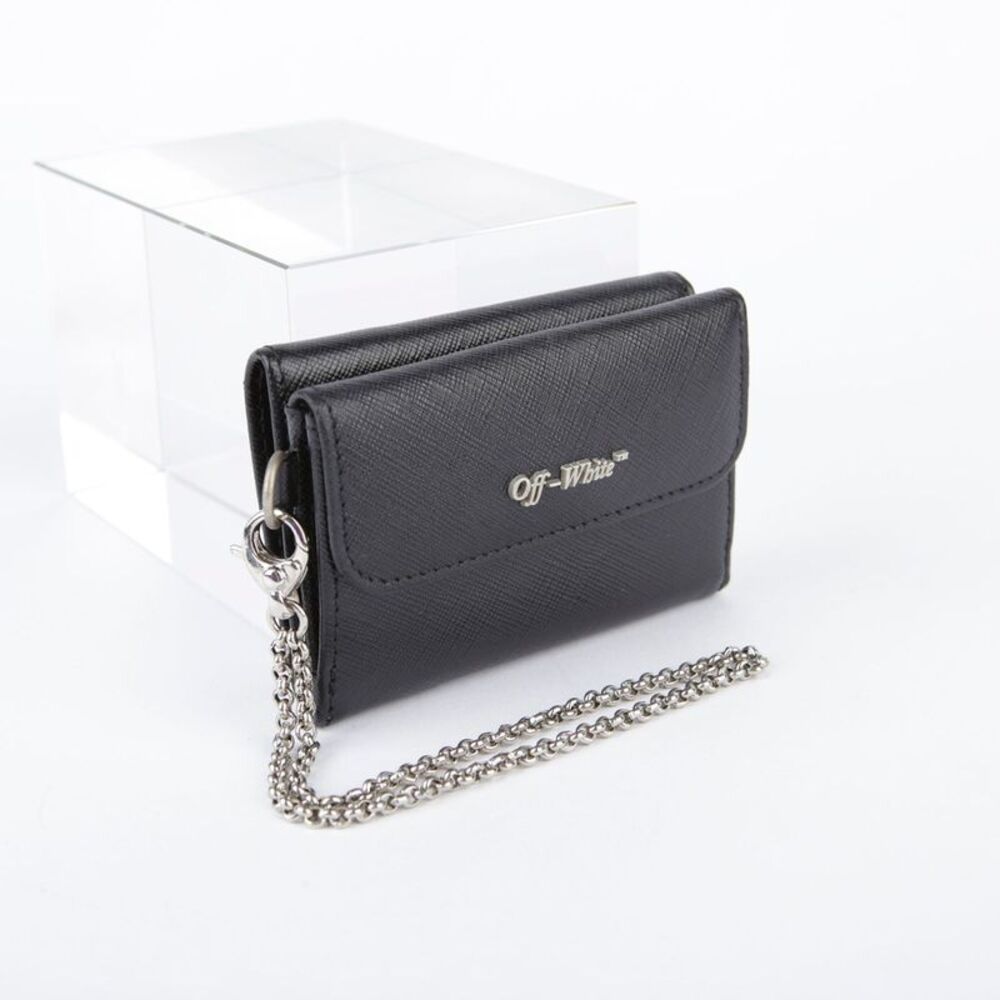 Black Leather Logo Chain Strap Wallet